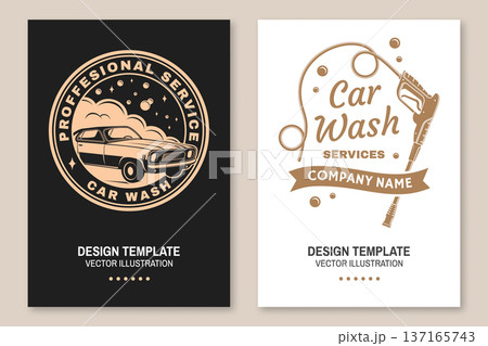 Professional car wash poster, banner and flyer template set. Vector auto cleaning and car service advertising design with washing equipment and vehicle care elements. 137165743