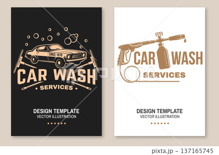 Professional car wash poster, banner and flyer template set. Vector auto cleaning and car service advertising design with washing equipment and vehicle care elements. Professional car wash poster, banner and flyer template set. Vector auto cleaning and car service advertising design with washing equipment and vehicle care elements. 137165745