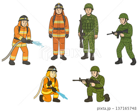 消防士と自衛官の防災キャラクターセット 137165748