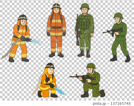 消防士と自衛官の防災キャラクターセット 137165748