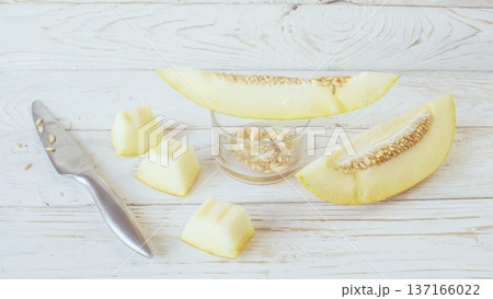 Slices ripe melon on white wooden background, close-up. Healthy eating, vegetarian food. Vitamin dessert. 137166022