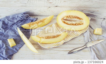 Slices ripe melon on white wooden background, close-up. Healthy eating, vegetarian food. Vitamin dessert. Slices ripe melon on white wooden background, close-up. Healthy eating, vegetarian food. Vitamin dessert. 137166024