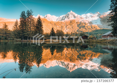 Scenic view of Mont Blanc massif reflecting in Lac des Gaillands during the sunset at France 137166377