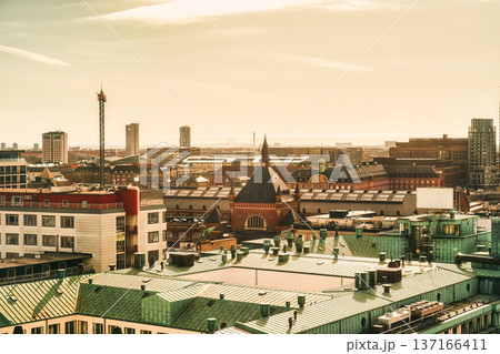 Retro cityscape from rooftop with building and skyscraper in the evening 137166411