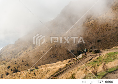Traveler woman hiking alone mountain trail surrounded by foggy and grass hill on Roys Peak summit Traveler woman hiking alone mountain trail surrounded by foggy and grass hill on Roys Peak summit 137166601