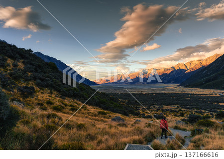 Golden sunrise over mountain range over wilderness in national park at New Zealand Golden sunrise over mountain range over wilderness in national park at New Zealand 137166616