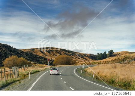 Car driving along winding highway through golden wilderness under blue sky in New Zealand 137166643
