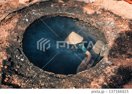 Above traditional pottery kiln with craftman arranging terracotta and clay tile in daylight Above traditional pottery kiln with craftman arranging terracotta and clay tile in daylight 137166825