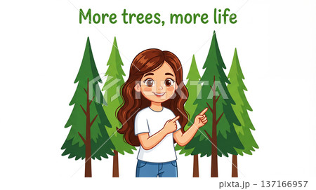 Educational message about concept of sustainable practices, with an illustration of a little girl pointing at trees. Environment and ecology Educational message about concept of sustainable practices, with an illustration of a little girl pointing at trees. Environment and ecology 137166957