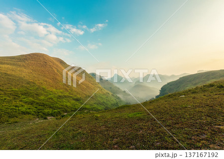 Ba Guang grass hill, mountain range with foggy flowing in the morning Ba Guang grass hill, mountain range with foggy flowing in the morning 137167192