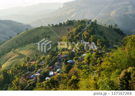 Rustic tribe village in tropical forest among lush green hill in the evening Rustic tribe village in tropical forest among lush green hill in the evening 137167269