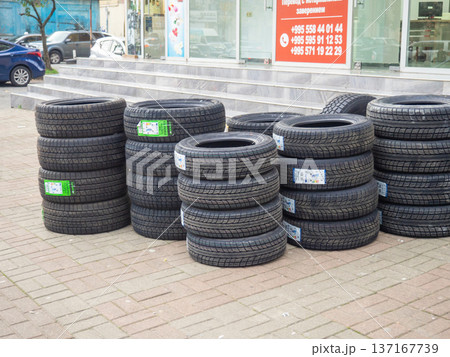 Shop selling car tires. Spare parts sales business. Rubber tires. The concept of changing tires. 137167739
