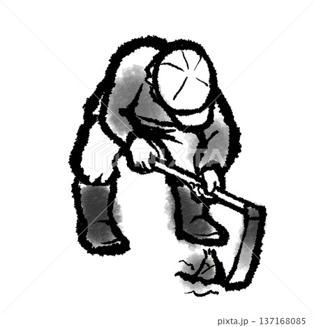 出たばかりのたけのこを掘る男性 手描き筆タッチのモノクロイラスト 出たばかりのたけのこを掘る男性 手描き筆タッチのモノクロイラスト 137168085