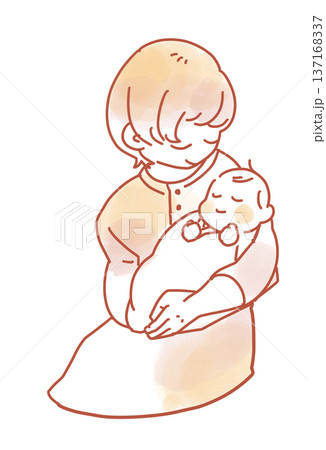 赤ちゃんを抱っこする母親の水彩風イラスト 新生児・育児・親子愛イメージ 赤ちゃんを抱っこする母親の水彩風イラスト 新生児・育児・親子愛イメージ 137168337