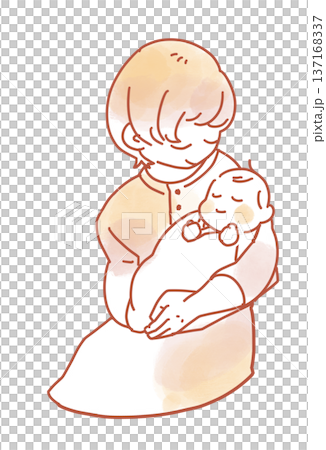 赤ちゃんを抱っこする母親の水彩風イラスト 新生児・育児・親子愛イメージ 赤ちゃんを抱っこする母親の水彩風イラスト 新生児・育児・親子愛イメージ 137168337