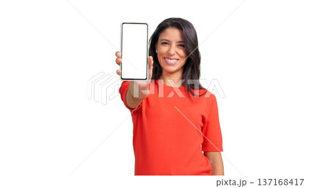 Smiling woman holding smartphone with white screen for mockup Smiling woman holding smartphone with white screen for mockup 137168417
