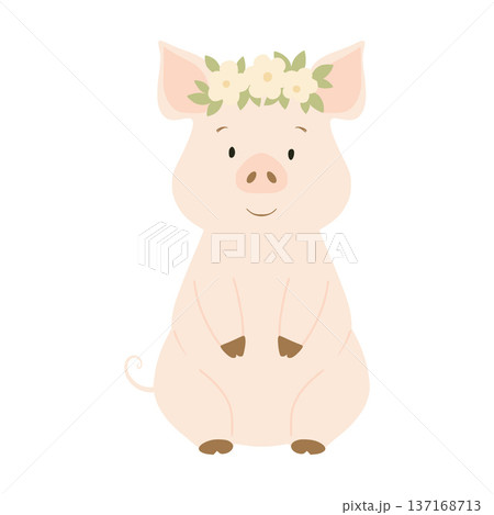 Cute pig sitting and wearing a flower crown Cute pig sitting and wearing a flower crown 137168713