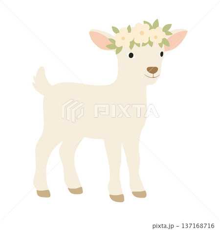 Cute baby goat wearing a flower crown standing on white background 137168716