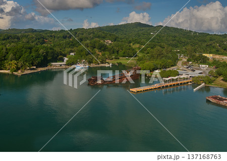 Mahogany Bay in Roatan, Honduras, is a popular, purpose-built cruise port by Carnival, offering shops, restaurants, and access to Mahogany beach 137168763