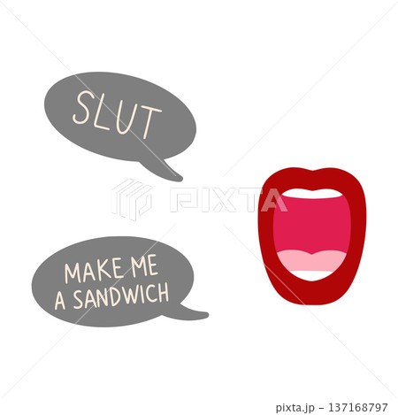 Open mouth with speech bubbles showing misogynistic phrases Open mouth with speech bubbles showing misogynistic phrases 137168797