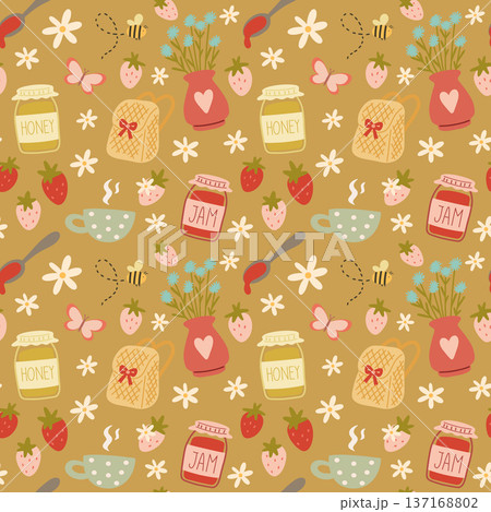 Cottagecore seamless pattern with bees and strawberries 137168802