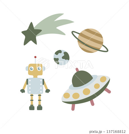 Robot exploring space with spaceship, planets, and shooting star Robot exploring space with spaceship, planets, and shooting star 137168812