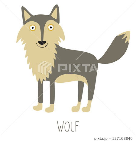 Cute grey cartoon wolf standing on white background 137168840
