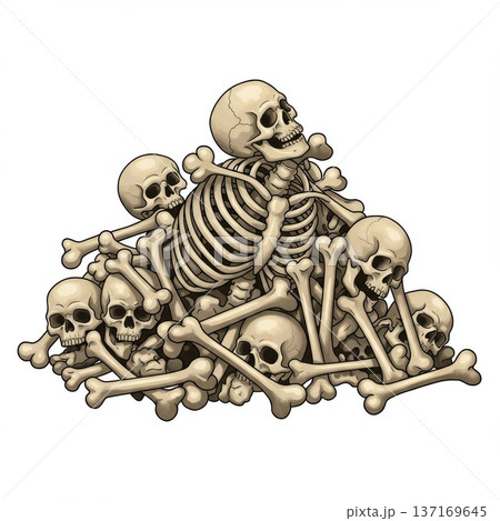 Pile of Skulls and Bones: A Creepy Beige Skeleton Illustration 137169645