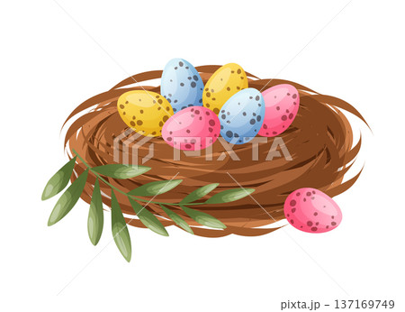 Bird nest with speckled quail eggs and green leaves. Ыoft pastel flat vector style. Spring festive decorative object. Perfect for Easter greeting cards, invitations, packaging, seasonal branding, web 137169749