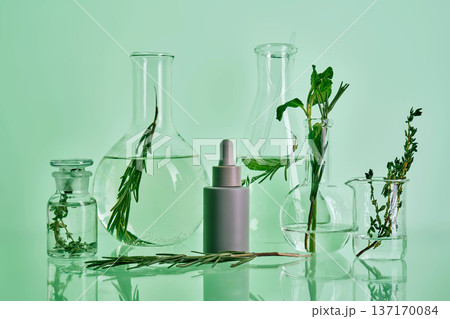 Herbal extracts in laboratory glassware making natural cosmetics 137170084