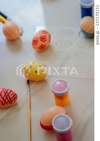 Close-Up of Painted Easter Eggs on Table Close-Up of Painted Easter Eggs on Table 137170151
