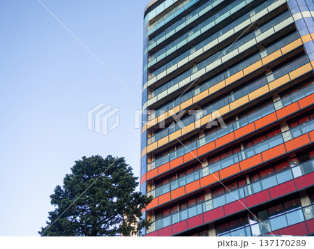 Modern construction of a high-rise building. Modern architecture of a business center. Apartment in a high-rise building. 137170289