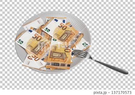 a plate with cutlery full of euro banknotes a plate with cutlery full of euro banknotes 137170573