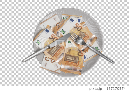 a plate with cutlery full of euro banknotes 137170574