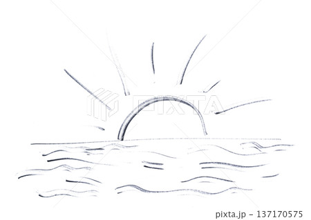 the sun setting over the sea drawn with a black marker 137170575