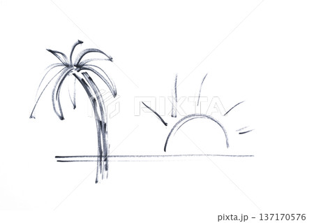 the setting sun and a palm tree drawn with a black marker 137170576