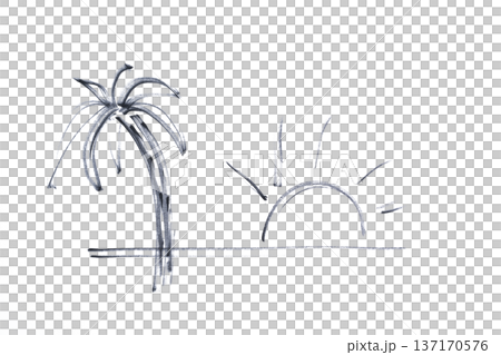 the setting sun and a palm tree drawn with a black marker 137170576