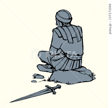 Vector drawing. Old roman Soldier resting on the stone Vector drawing. Old roman Soldier resting on the stone 137171094