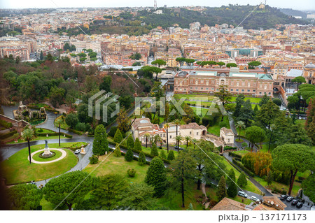 View of Rome from a high point showing city layout and green areas on a cloudy day 137171173