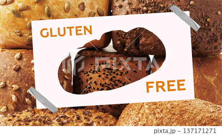 Various types of bread with a gluten free sign in a bakery setting during Easter celebration Various types of bread with a gluten free sign in a bakery setting during Easter celebration 137171271