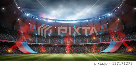 Football stadium at night with cheerful atmosphere. Football stadium at night with cheerful atmosphere. 137171275