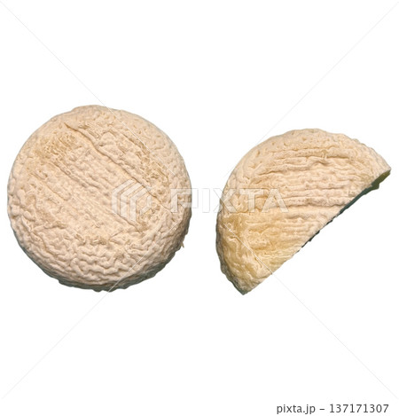 Goat cheese round and cut slice on white Goat cheese round and cut slice on white 137171307