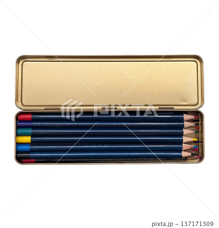 Colored pencils lying in an open gold metal tin Colored pencils lying in an open gold metal tin 137171309