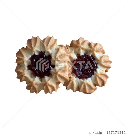 Shortbread cookies with raspberry jam filling creating sweet dessert Shortbread cookies with raspberry jam filling creating sweet dessert 137171312