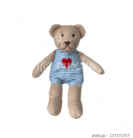 Teddy bear plush toy wearing striped swimsuit with heart Teddy bear plush toy wearing striped swimsuit with heart 137171357