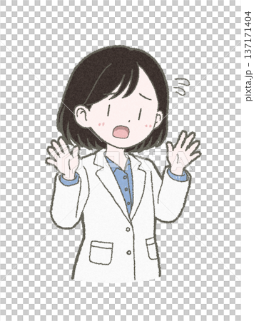 手繪插圖,描繪了一位身穿白大褂的女醫護人員,她神情匆忙、憂心忡忡,雙手高舉。 手繪插圖,描繪了一位身穿白大褂的女醫護人員,她神情匆忙、憂心忡忡,雙手高舉。 137171404