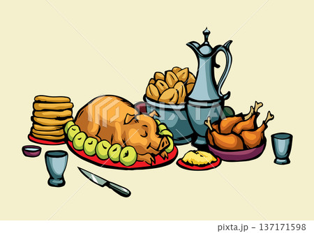 Vector drawing. Tasty feast food 137171598