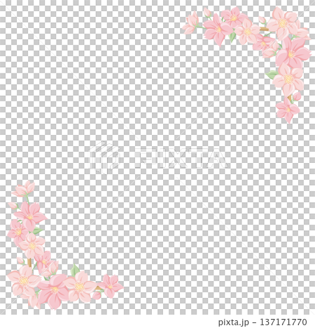 桜の花のコーナーフレーム 角飾りセット 春のフラットイラスト 飾り枠 卒業 入学 和風 137171770