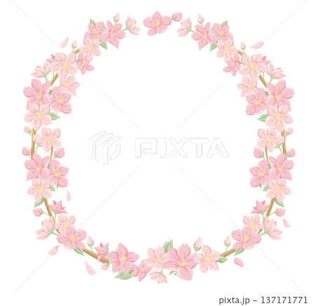 桜の花の円形フレーム リース 飾り枠 春のフラットイラスト 入学 卒業 お祝い 和風 137171771