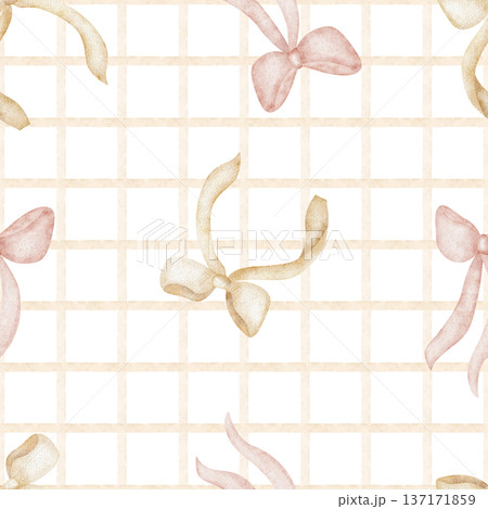 Pattern bow on beige pink vichy check. Watercolor illustration in children's picnic girl style. Seamless hand-drawn square grid print, isolated from background for textiles, fabrics clothing wallpaper 137171859